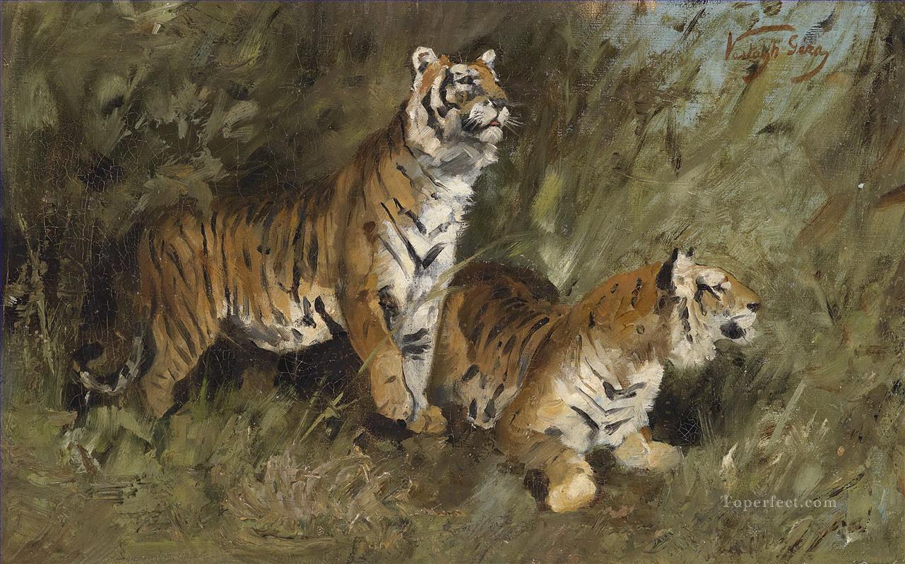 Geza Vastagh Tigre im hohen Gras Peintures à l'huile